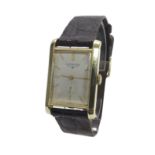 Longines 14k rectangular gentleman's wristwatch, circa 1953, the silvered dial with baton markers