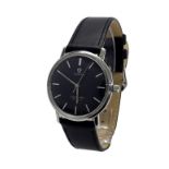 Omega Seamaster De Ville stainless steel gentleman's wristwatch, circular black dial with baton