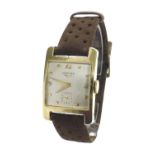 Longines 14k gentleman's wristwatch, signed square silvered dial with Arabic quarter numerals and