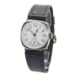 Longines silver cushion cased wire-lug gentleman's wristwatch, circa 1921, signed  white enamel dial