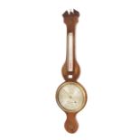 Mahogany inlaid banjo barometer/thermometer, the 8" silvered dial signed I.B. Porry, within a shaped