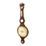 Large mahogany five glass wheel barometer, the principal 12" silvered dial within a shaped case