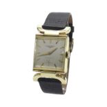 Longines 14k 1950s gentleman's wristwatch, square silvered dial with applied markers and