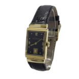 Le Coultre 14k rectangular gentleman's/mid-size wristwatch, the black dial with Arabic quarter