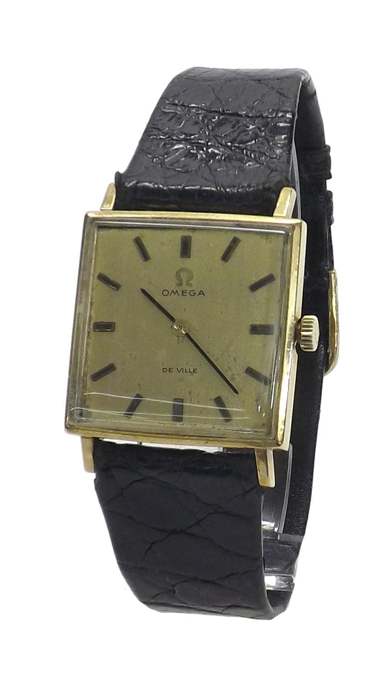 Omega De Ville 9ct square gentleman's wristwatch, circa 1970, the gilt dial with baton markers, cal.