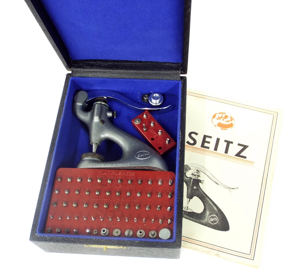 Seitz jewelling tool and accessories, within the original leather box and Seitz parts catalogue