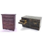 Wooden four drawer watchmaker's chest with assorted contents, 14" wide, 17" high; together with a