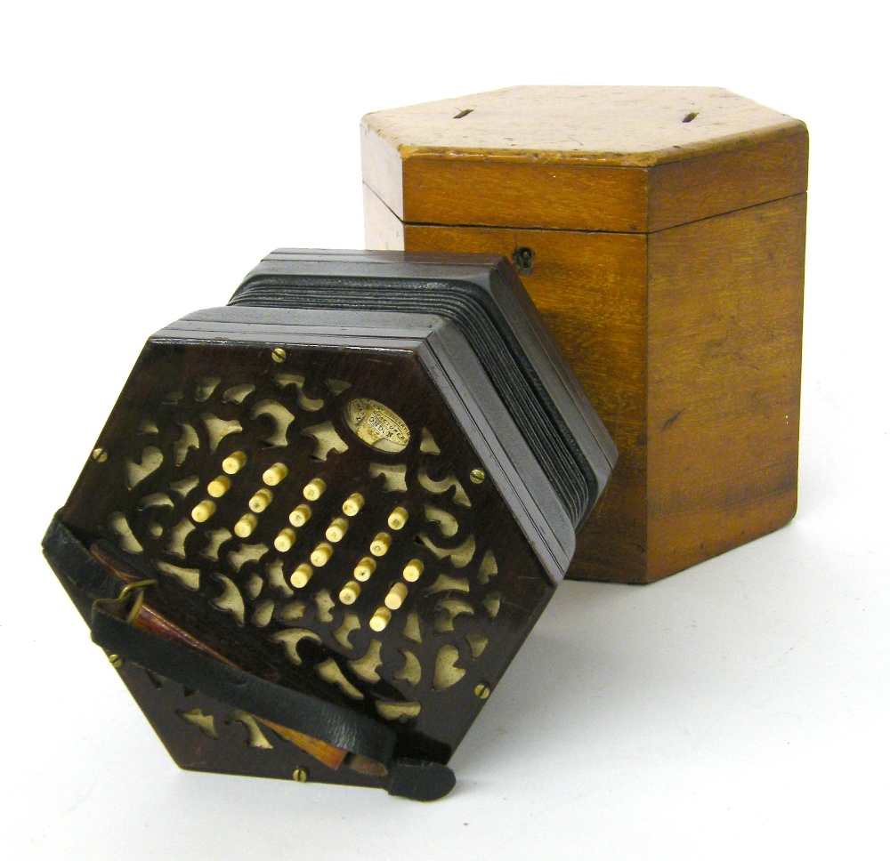 Lachenal & Co English concertina, no. 26xx, with thirty-nine bone buttons on pierced wooden ends and