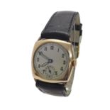 9ct cushion cased mid-size wristwatch, London 1945, circular silvered dial with Arabic numerals