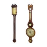 Oak stick barometer, the brass scale plate signed Thomas Wright, Sarum, with flat trunk and