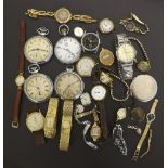 Assorted pocket and wristwatches principally for repair; including two ladies 9ct watch heads and an