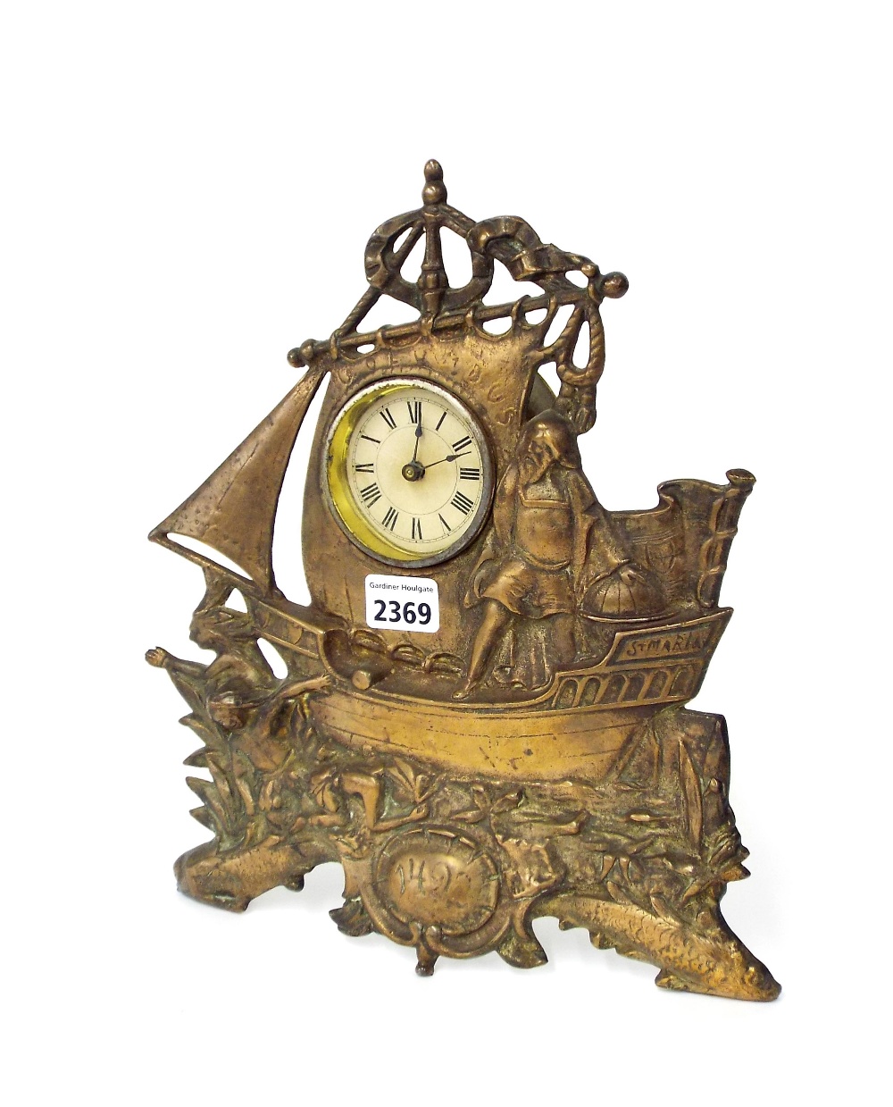 Commemorative novelty timepiece, the 2.5" dial set into the sail of a sailing ship mast to