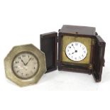 Mahogany cased brass travel timepiece, with two hinged doors, 5" high overall; also an octagonal