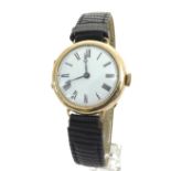 9ct gentleman's wire-lug wristwatch, import hallmarks for Glasgow 1923, the circular white dial with