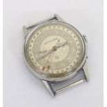 Movado vintage triple date stainless steel wristwatch head, silvered dial with Arabic numerals,