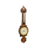 Rosewood banjo thermometer/barometer, the 8" silvered dial within a mother of pearl inlaid case