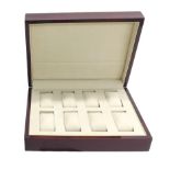 Mahogany eight watch collection case with outer cardboard sleeve, ref. WC310, no. 1633, the hinged