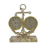 French white metal and marble clock/aneroid barometer of nautical design, the 2.5" twin silvered