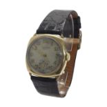 Cushion cased 9ct gentleman's wristwatch, Birmingham 1930, silvered dial with applied Arabic