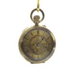 Continental 18k lever fob watch, gilt frosted bar movement, the gilt dial with Roman numerals