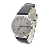 Omega stainless steel gentleman's wristwatch, circa 1939, silvered dial with Arabic numerals,