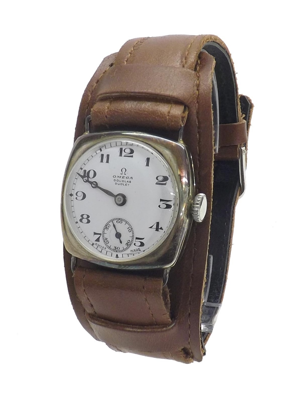 Omega 1920s silver cushion cased wire-lug gentleman's wristwatch, Birmingham 1929, the enamel dial
