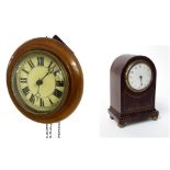 Small mahogany 6" postman's alarm dial clock (two weights, pendulum): together with a small mahogany