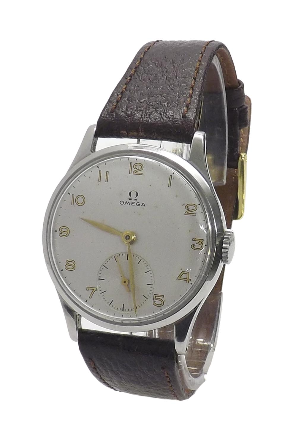 Omega 1940s stainless steel gentleman's wristwatch, the silvered dial with gilt Arabic numerals