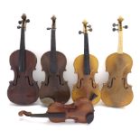 Two full size old violins, two full size contemporary violins and a child's violin (5)