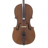 Late 19th century German violoncello, 29 3/4", 75.60cm, two contemporary named bows, hard case