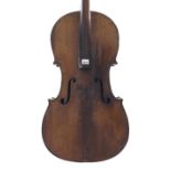 Interesting old 19th century violoncello in need of restoration, bearing a partially legible