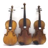 German Stradivari copy violin, 14 3/16", 36cm; also two three-quarter size violins (3)