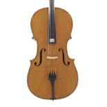 Mid 19th century Saxon violoncello, 29 1/4", 74.30cm, nickel mounted bow, hard case