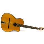 Aria MM-20E Gipsy Jazz electro-acoustic guitar, made in China, ser. no. 6110403113, electrics appear