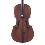 Late 19th century violoncello in need of restoration, 29 1/2", 74.90cm, nickel mounted bow