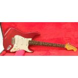 Stratocaster style electric guitar, probably by Tokai, neck plate no. 15076, candy apple red