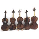 19th century viola and four interesting 19th century violins, all in need of restoration (5)