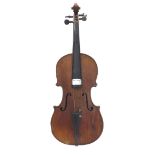 French violin by and labelled F. Breton Brevete... in need of restoration, 14 3/16", 36cm, bow