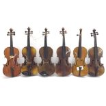 Six various full size violins (6)