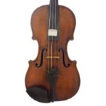 Interesting 19th century violin in need of restoration, unlabelled, 14 1/16", 35.70cm, case (at