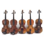 Five various three-quarter size violins (5)