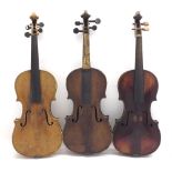 Three old three-quarter size violins (3)