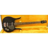 Danelectro Longhorn reissue bass guitar, black finish with minor imperfections, electrics appear