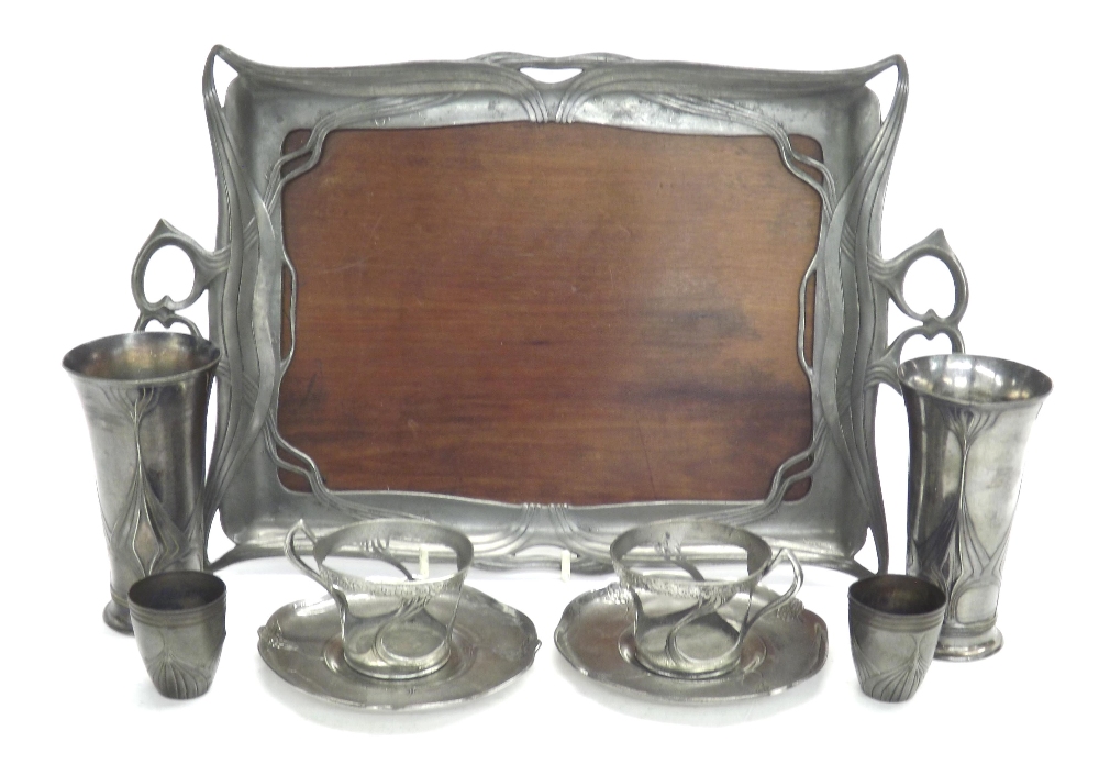 Orivit Art Nouveau pewter tray with wooden base, no. 2589, 14" wide; pair of Orivit pewter vases,