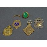 Three 9ct gold pendants, 13.1gm; together with yellow metal gem set ring, 4.7gm (a.f) and a silver