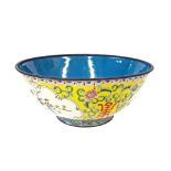 Canton famille jaune enamel bowl decorated with panels of birds on branches amidst medallions and