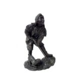 Large decorative Japanese bronze figure of a standing huntsman with a dog at his feet, 21" high