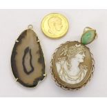 14k jade single stone marquise shaped ring, ring size L; gold mounted cameo brooch, 56mm x 46mm,