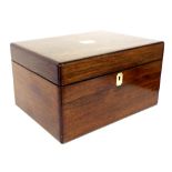 Victorian rosewood lady's vanity box, inset with a mother of pearl tablet and escutcheon, the fitted