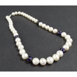 Pearl, blue enamel and diamond bead necklace with 18ct white gold clasp, 20" long